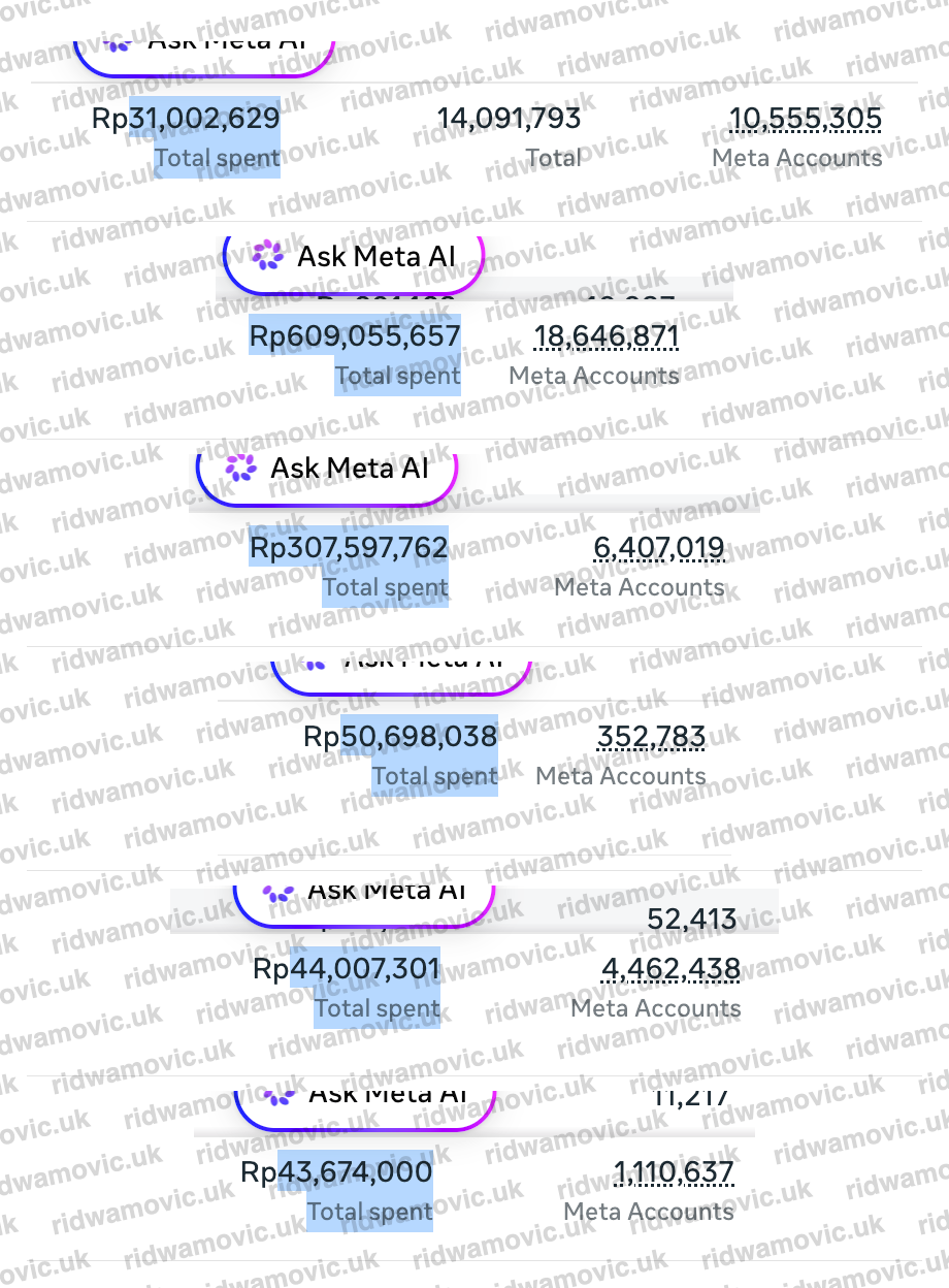 Enam potongan tampilan Total spent dari Meta dengan watermark ridwamovic.uk